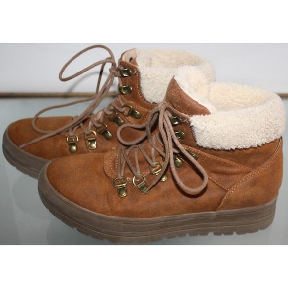 Womens Size 7M Seven Dials "Zenna" Lace Up Hiker Boots Brown Booties Fur Top - Picture 2 of 7